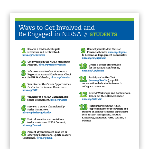 Download NIRSA Student Ways to Get Involved PDF