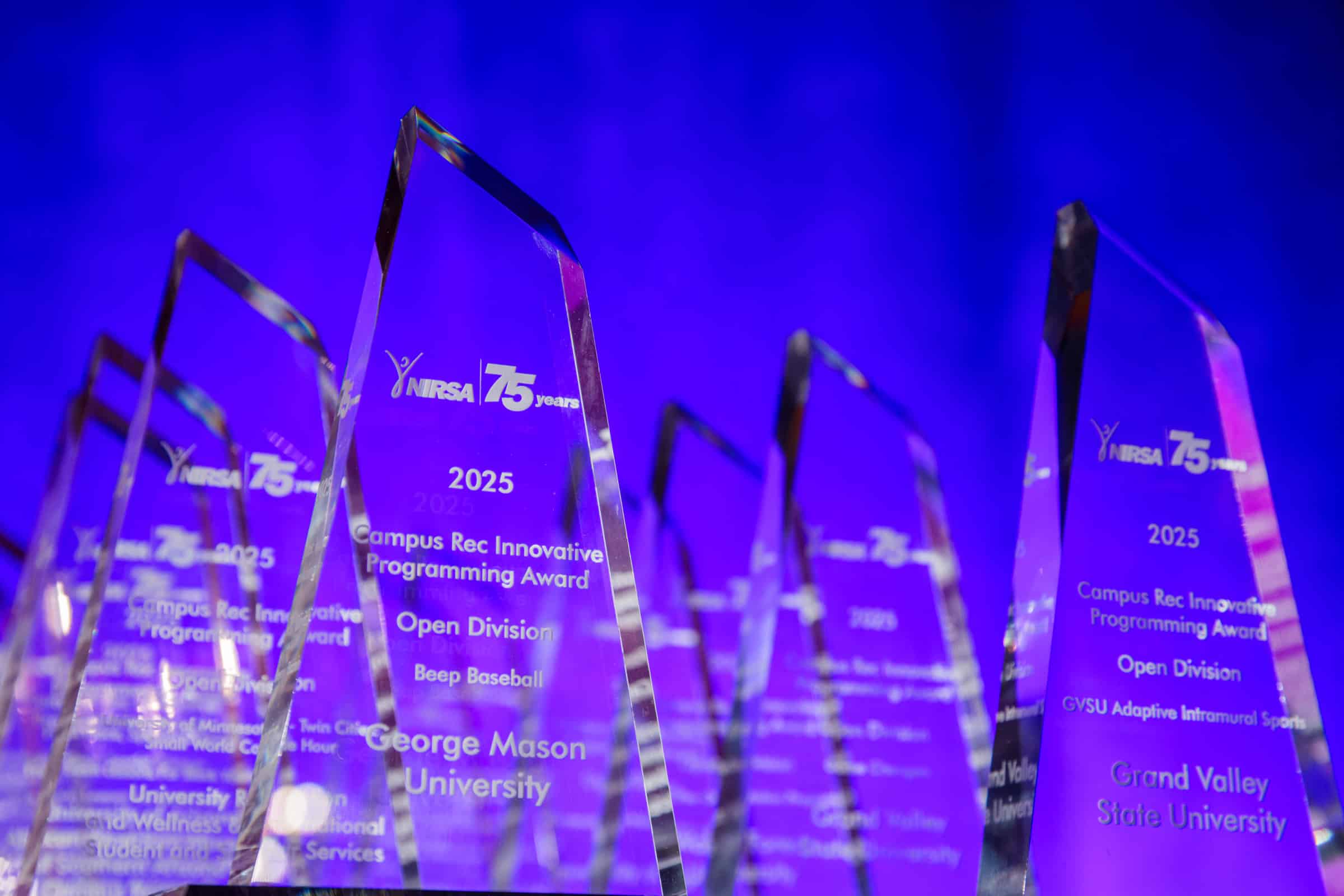 NIRSA awards lined up against a purple background