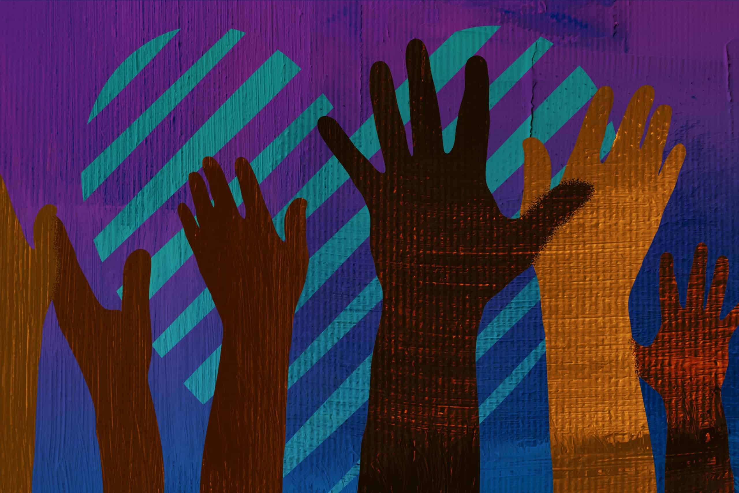 Graphic of diverse hands being raised in front of a heart