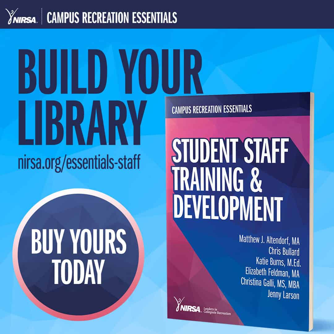 Promotional image for NIRSA campus recreation essentials on student staff training & development.