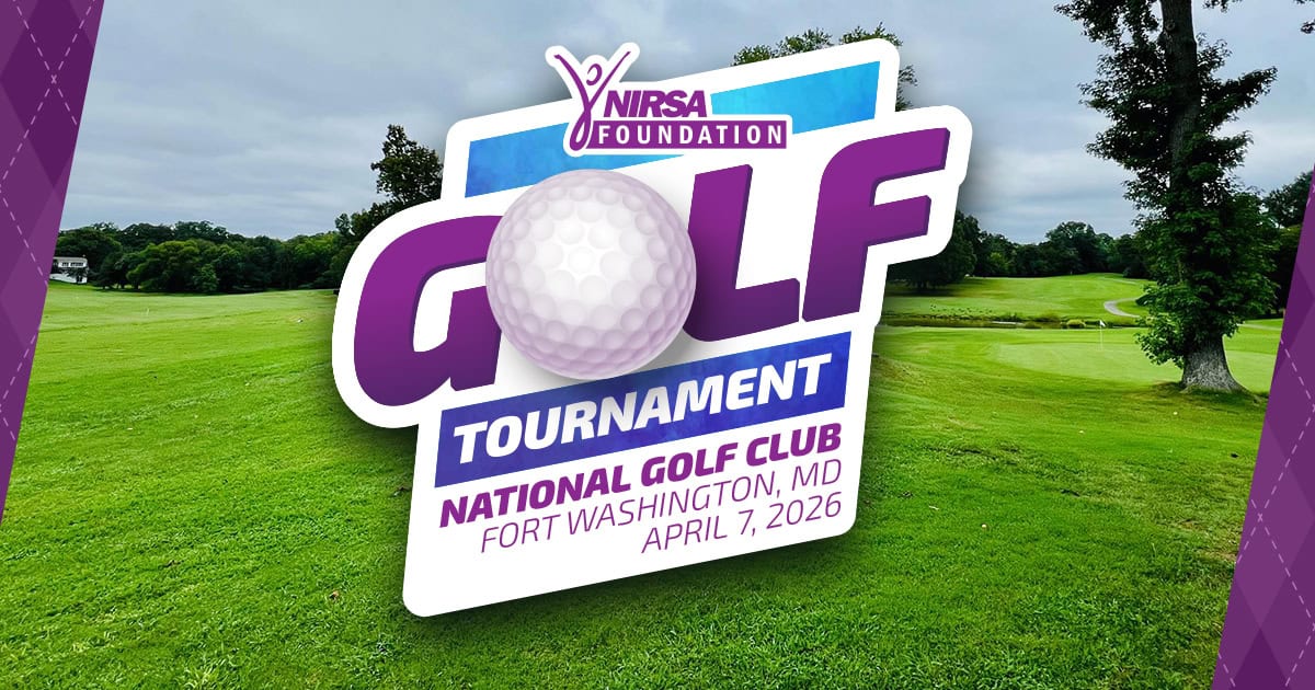 NIRSA Foundation Golf Tournament logo with dates and location - National Golf Club, Fort Washington, MD, April 7, 2026