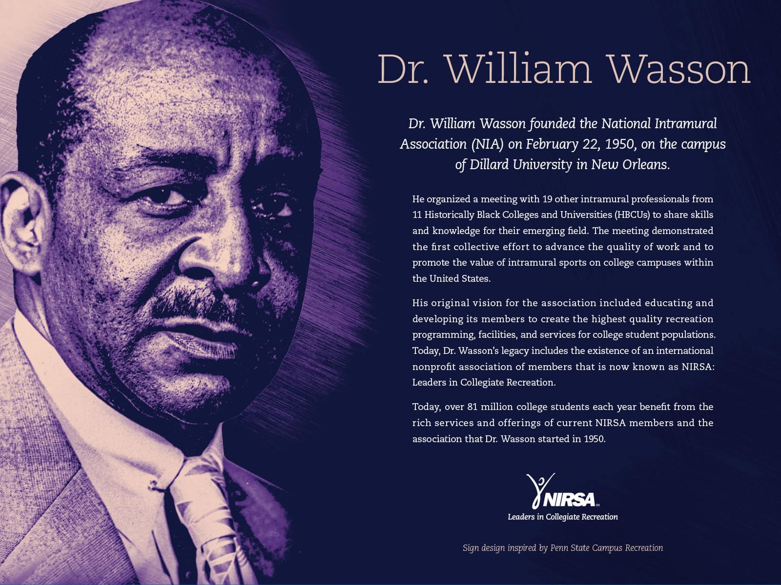 Graphic of info about Dr. William Wasson, an influential NIRSA founder