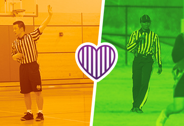 Two images of officials in stripes with one green and one yellow overlay with purple striped heart in the middle